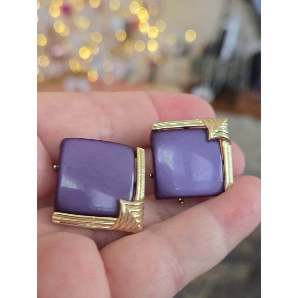 CORO Purple Square Earrings Goldtone Enamel Vintage Stunning!!